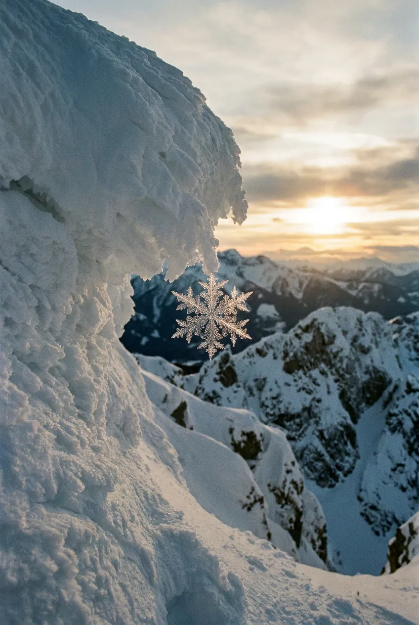 A single snow crystal held against a sunrise over the mountains.