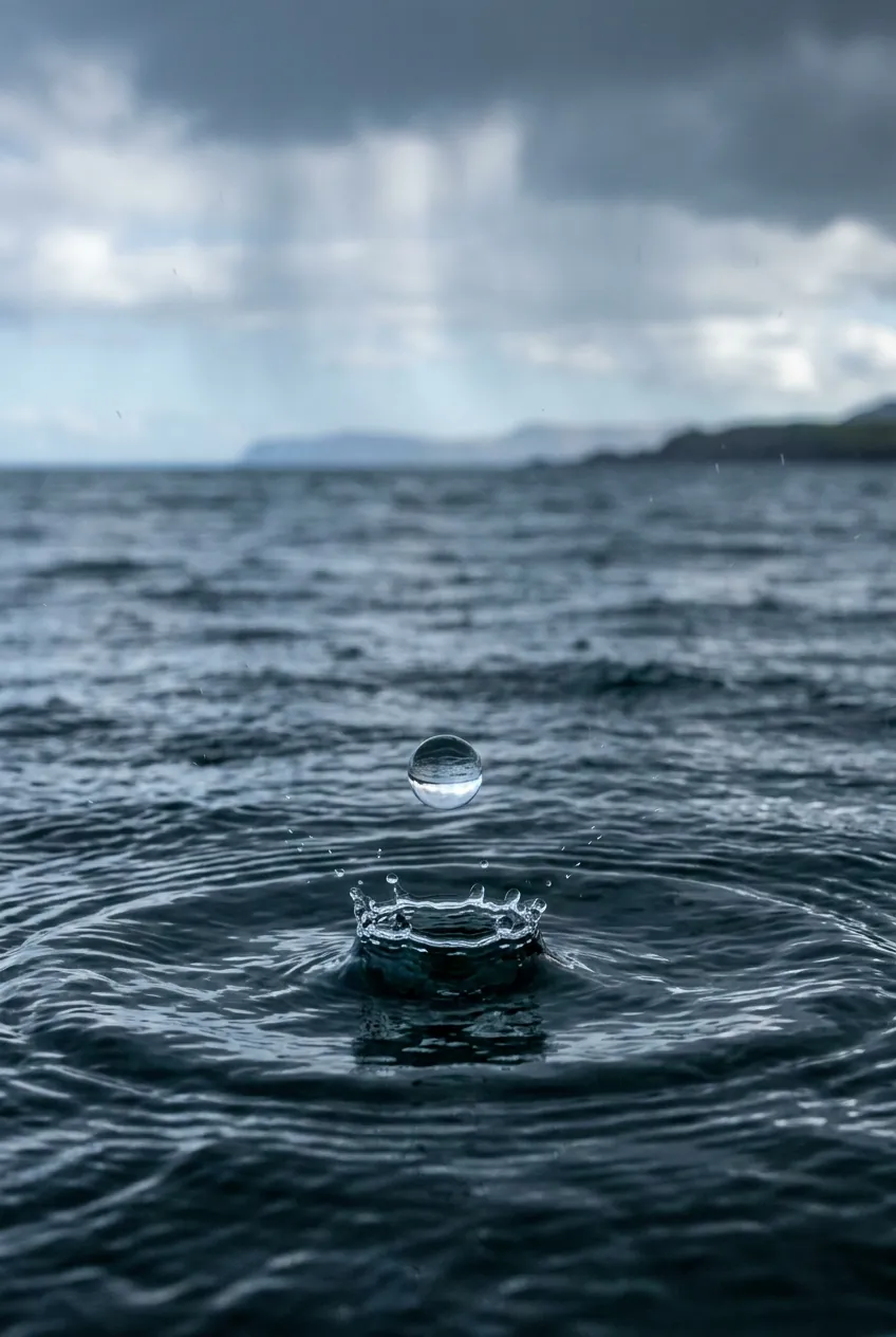 A single drop returning to open water, the crown and the rings going out.