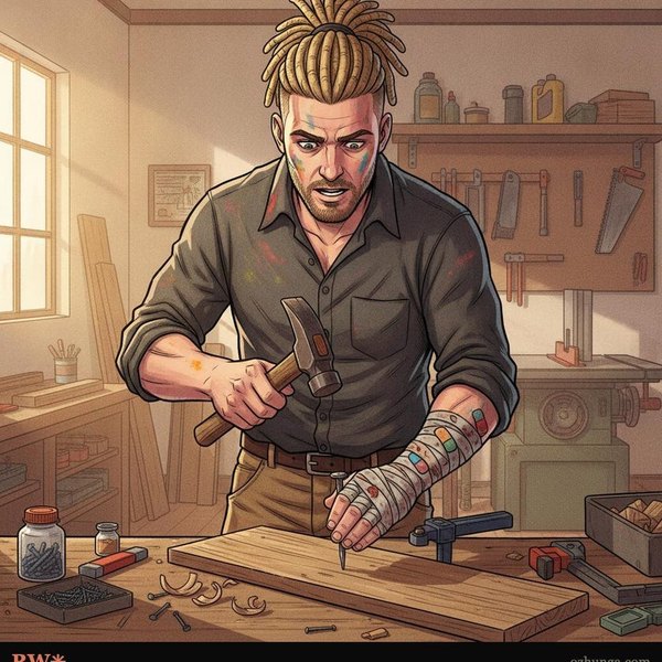 $1B at a workbench, hammer up, one arm bandaged, mid-swing. An illustration.